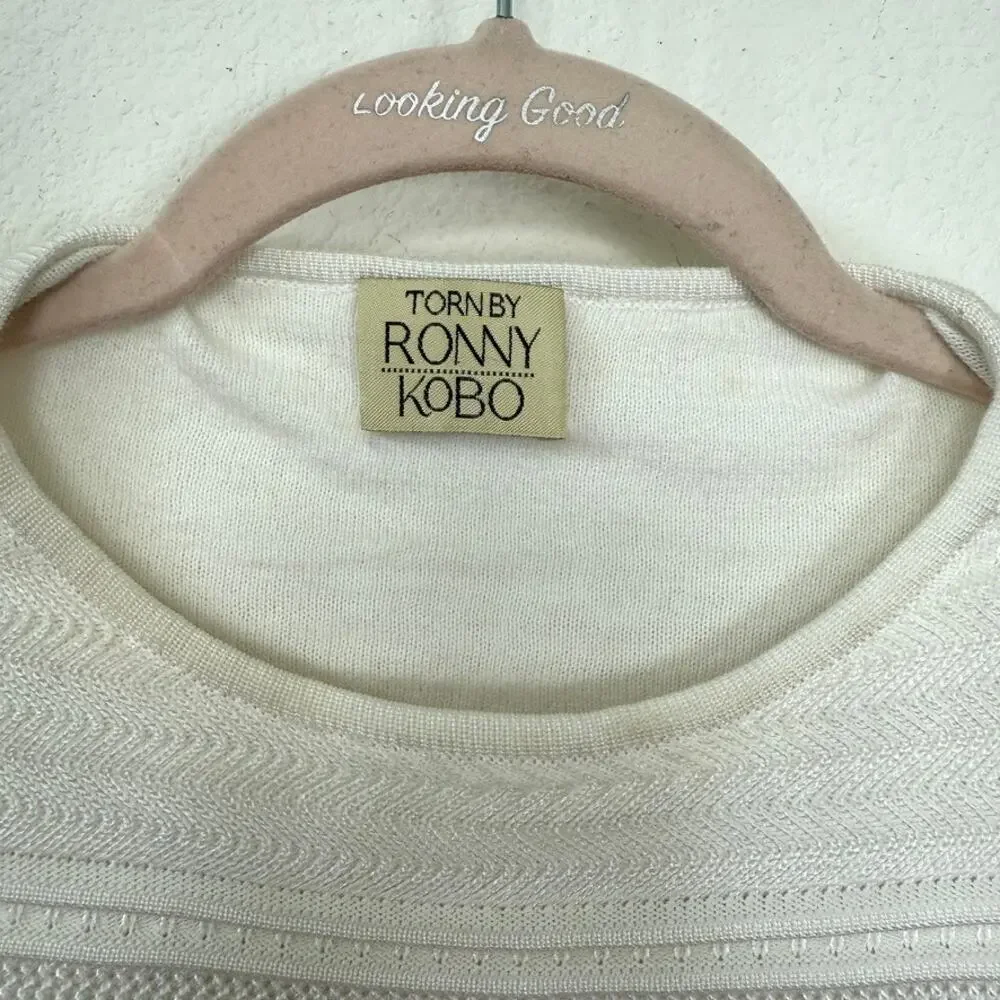Torn by Ronny Kobo White Textured Cropped‎ Sweater Cotton Rayon XS Minimalist